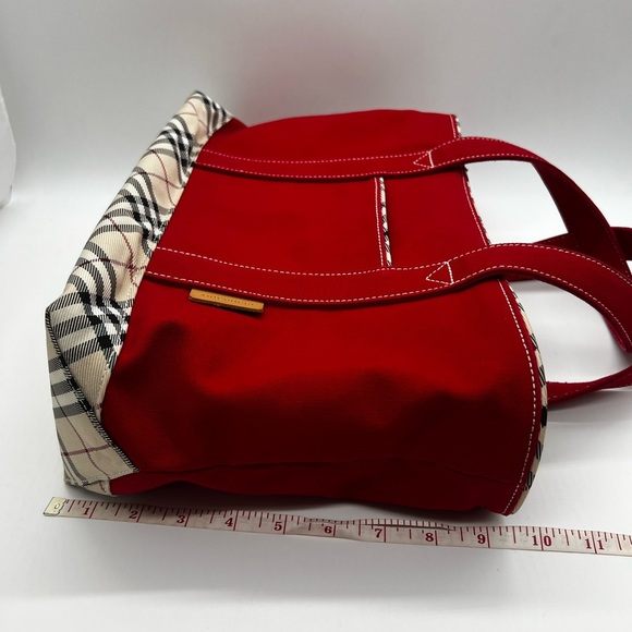 Burberry Red Canvas Tote with Plaid Accents and Top Zipper - Picture 8 of 16
